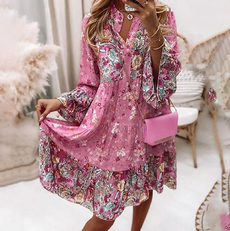 V-Neck Floral Print Midi Dress with Nine-Tenth Sleeves