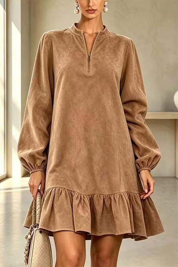 Faux Suede Dress with Lantern Sleeves and Ruffle Half-Zip Stand Collar