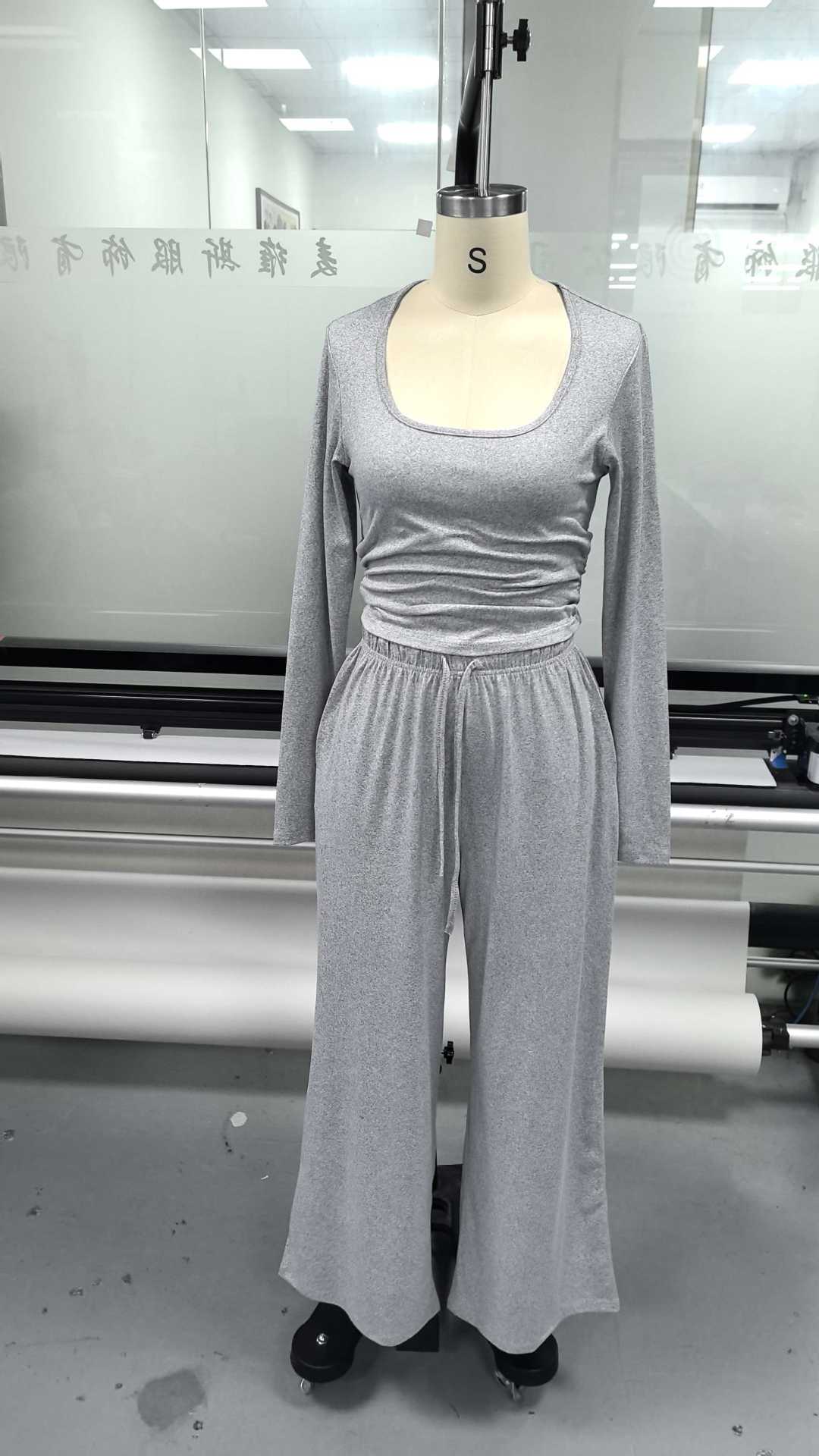 Women's Long Sleeve Drawstring Top & Wide-Leg Pants Two-Piece Set