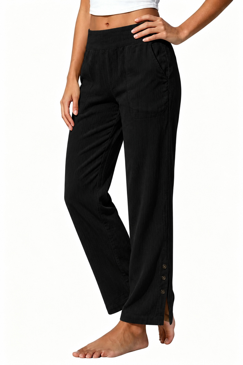 2026 European & American Cross-Border Women's Corduroy Casual Straight-Leg Pants High-Waist Loose Side-Pocket Slit Button Trousers for Women