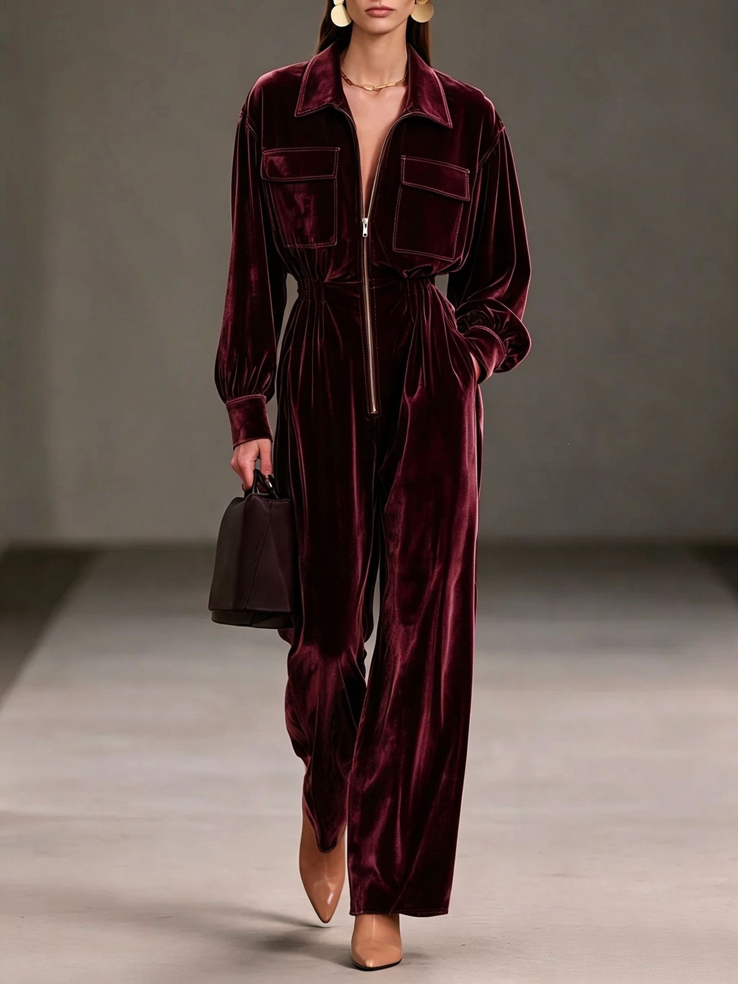Gold Velvet Jumpsuit with Collar, Lantern Sleeves, Elastic Waist, Wide Leg