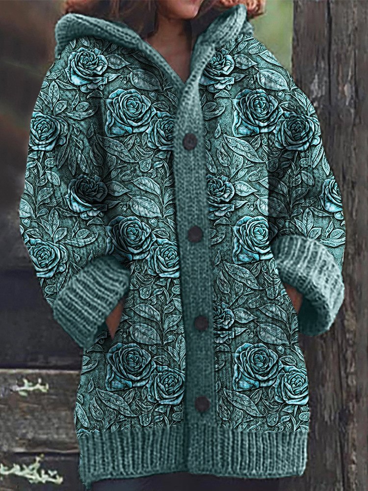 Women's Animal & Plant Print Hooded Button Cardigan