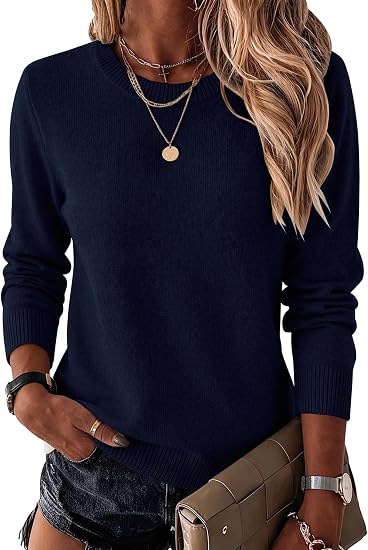 Women's Crewneck Knit Sweater Solid Color Pullover Long Sleeve