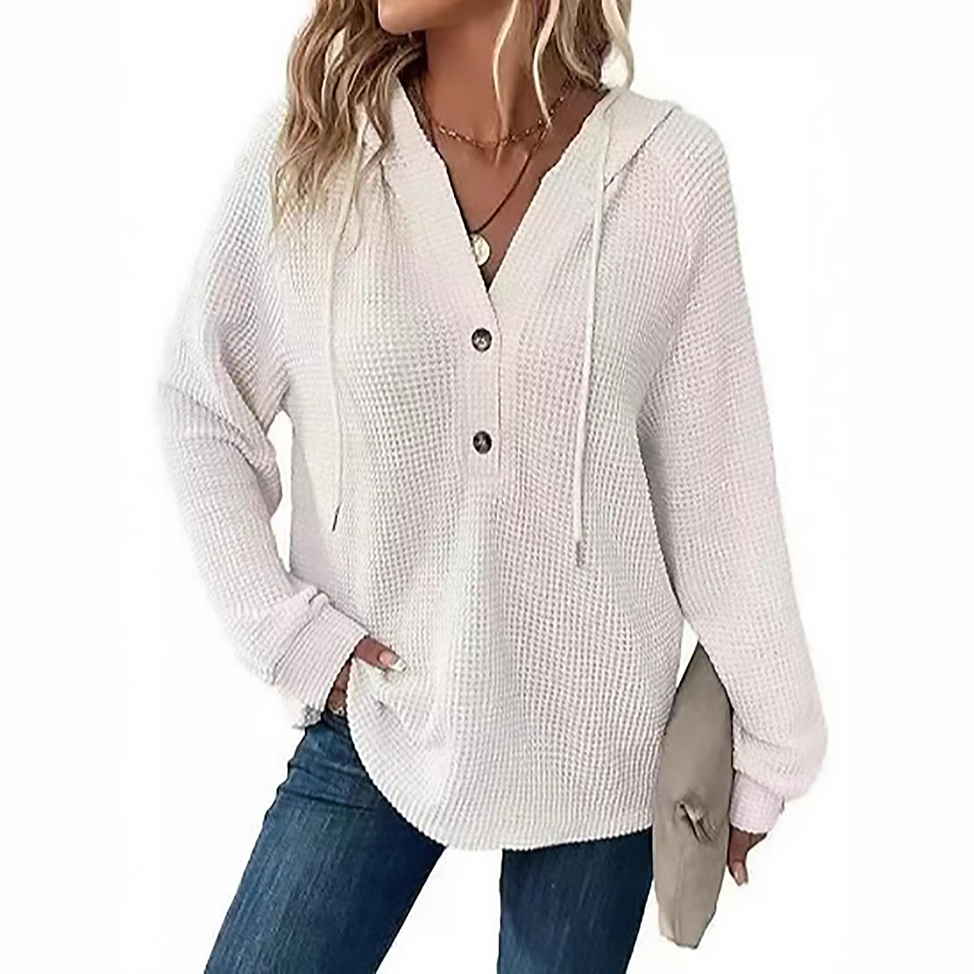 Women's Solid Color Long Sleeve V-Neck Hooded Button Sweatshirt