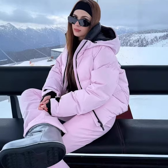 Women's Hooded Zip Puffer Ski Jacket and Pants Set