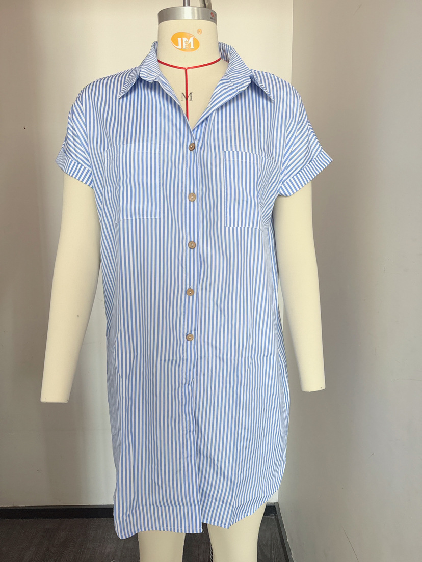 Striped Cotton-Linen Short-Sleeve Midi Shirt Dress