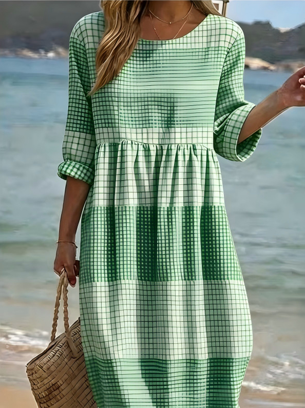 Women's Solid Plaid Print Ruched Midi Dress