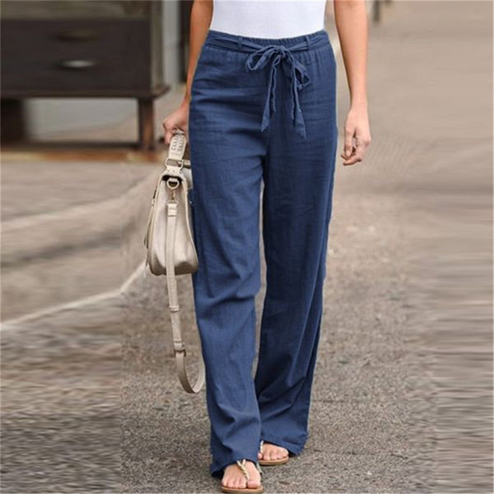 Women's Summer Cotton Wide-Leg Pants with Elastic Waist Solid Color Loose Fit