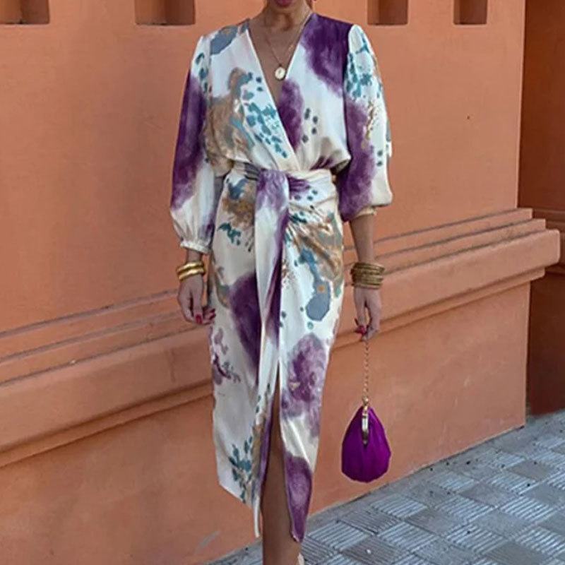 Elegant V-Neck Printed Two-Piece Skirt Set with Tie Detail