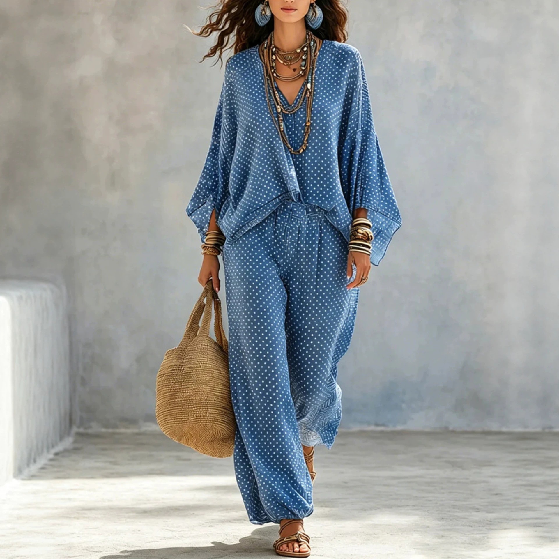 Women's Vintage Print Batwing Sleeve Top and Jogger Pants Set