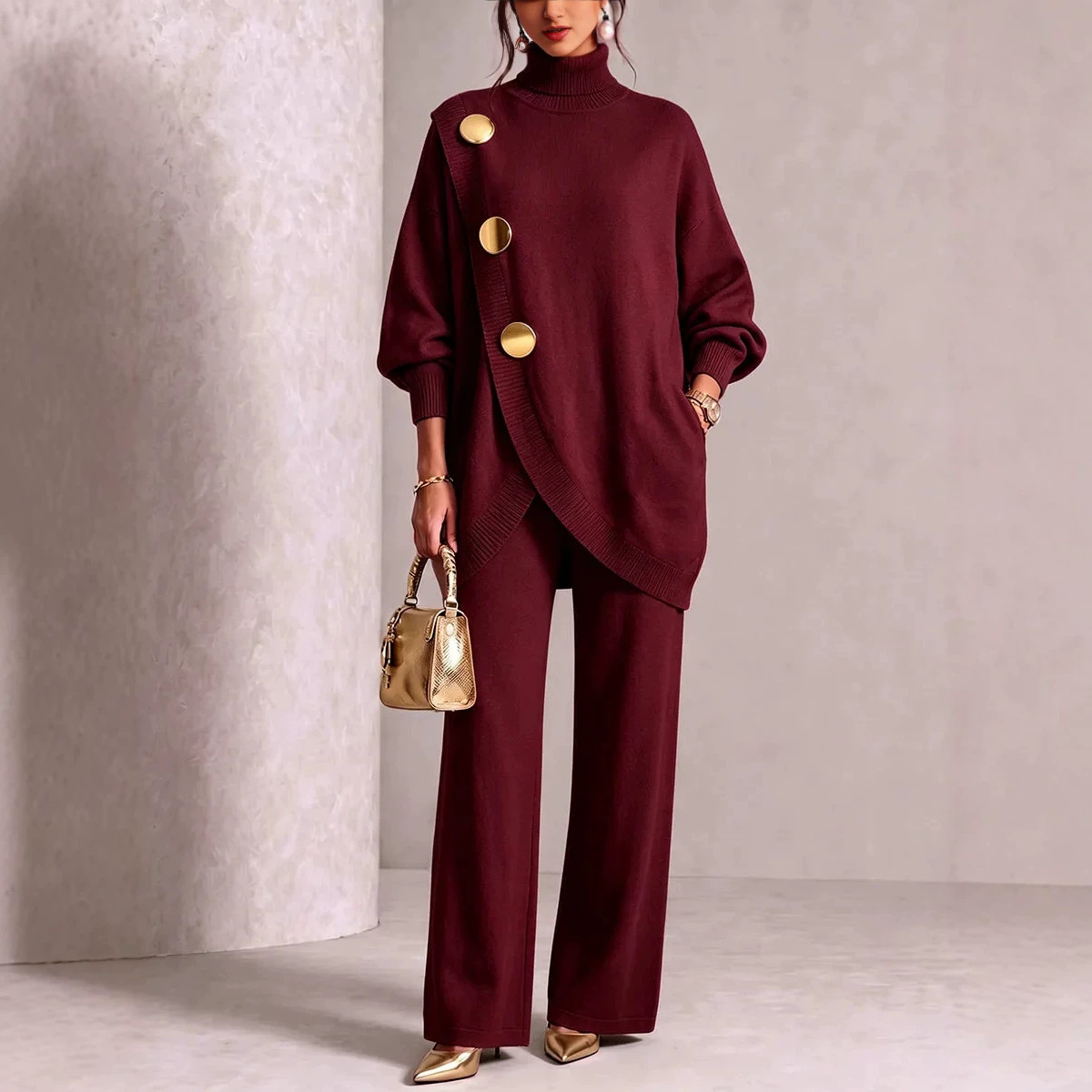 Women's Solid Knit Asymmetric Button Two-Piece Set