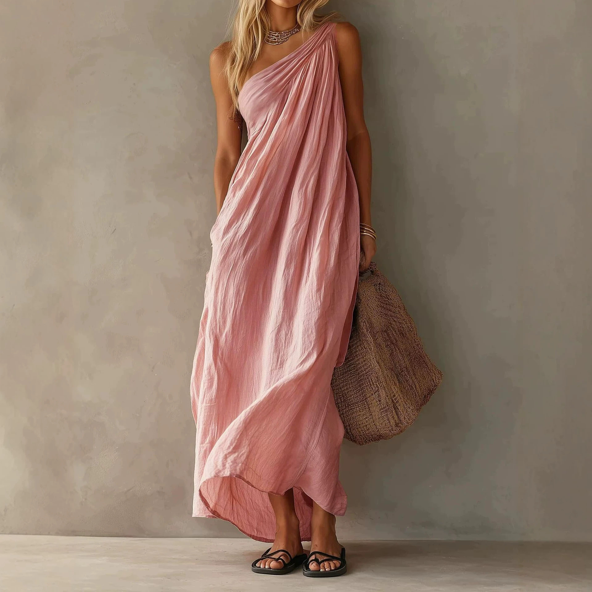 Women's One-Shoulder Long Dress Solid Color Casual Elegant Vacation A-Line