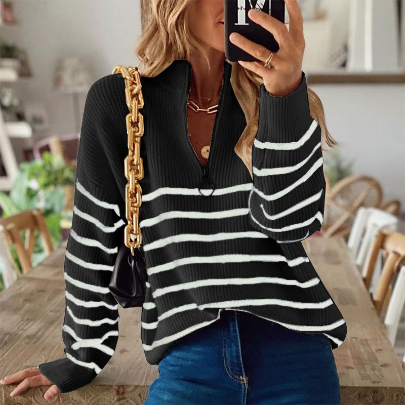 Women's Striped Turtleneck Sweater with Half-Zip Colorblock Long Sleeve Knit Top