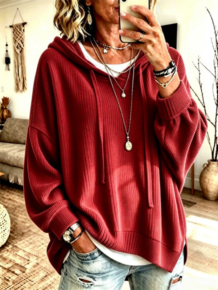 Solid Color Long-Sleeve Loose Hooded Drawstring Knit Sweatshirt