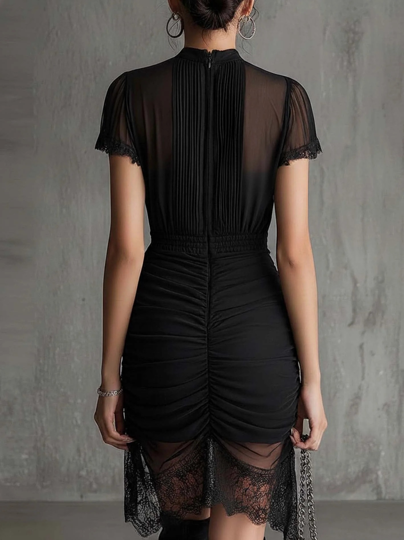 Black Sheer Lace Panel Bodycon Mini Dress with High Slit and Ruffle Trim