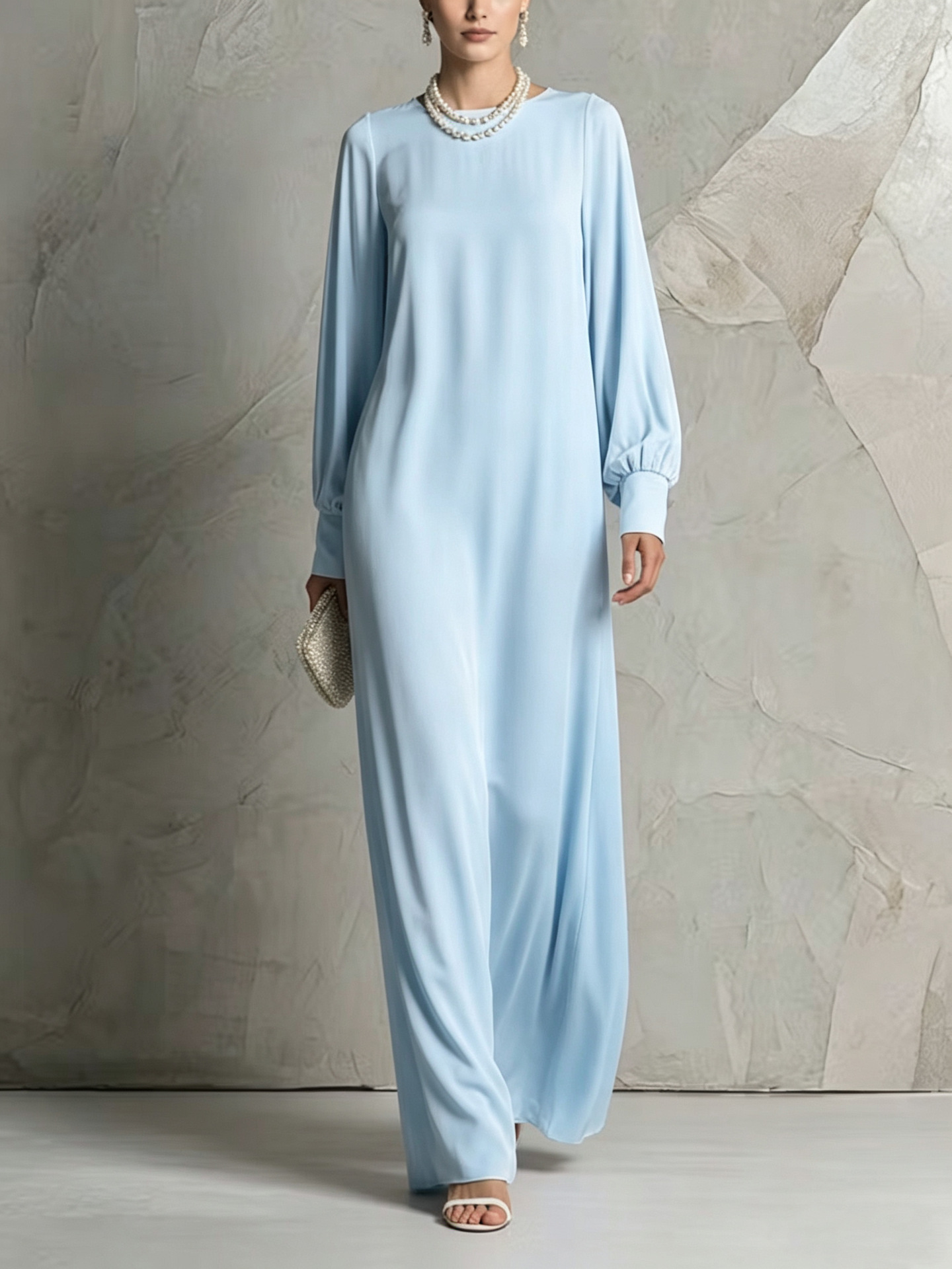 Solid Silk-Feel Lantern Sleeve Maxi Dress with Round Neck and Flowing Oversized Skirt
