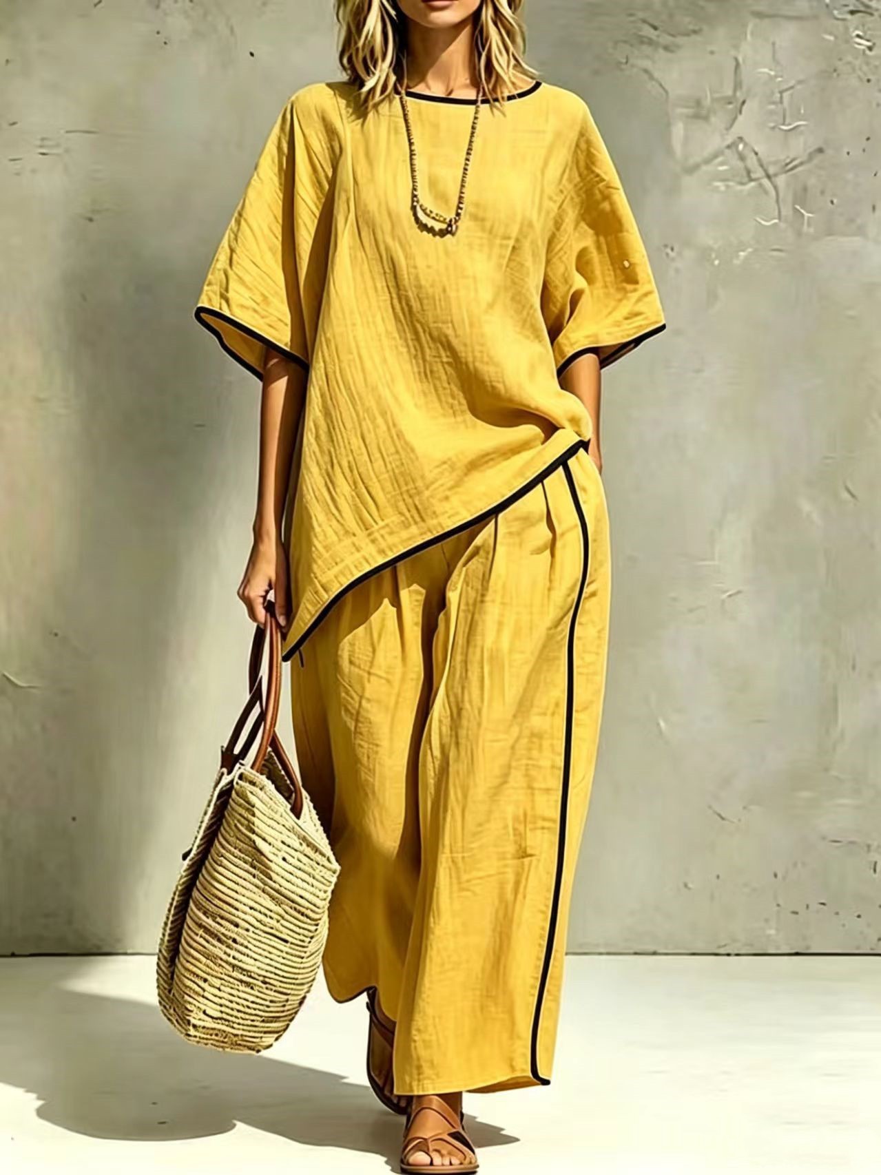 Women's Elegant Round Neck Short Sleeve Two-Piece Pant Set