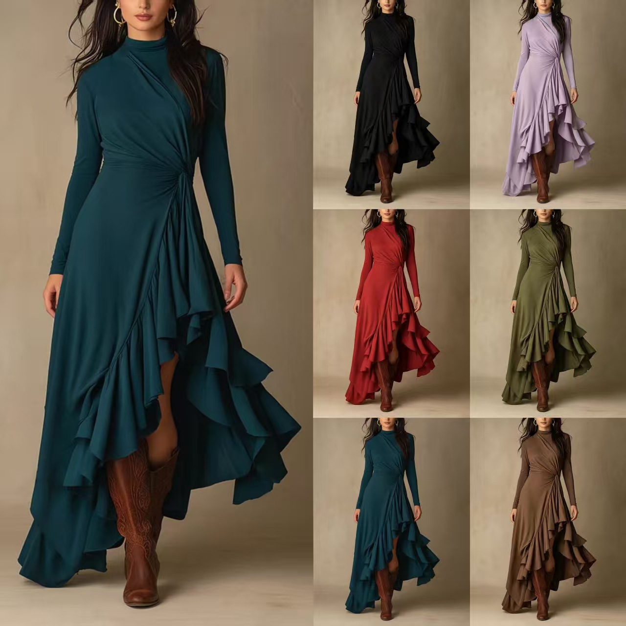 Elegant Solid Long Sleeve Asymmetrical Ruffle Midi Dress