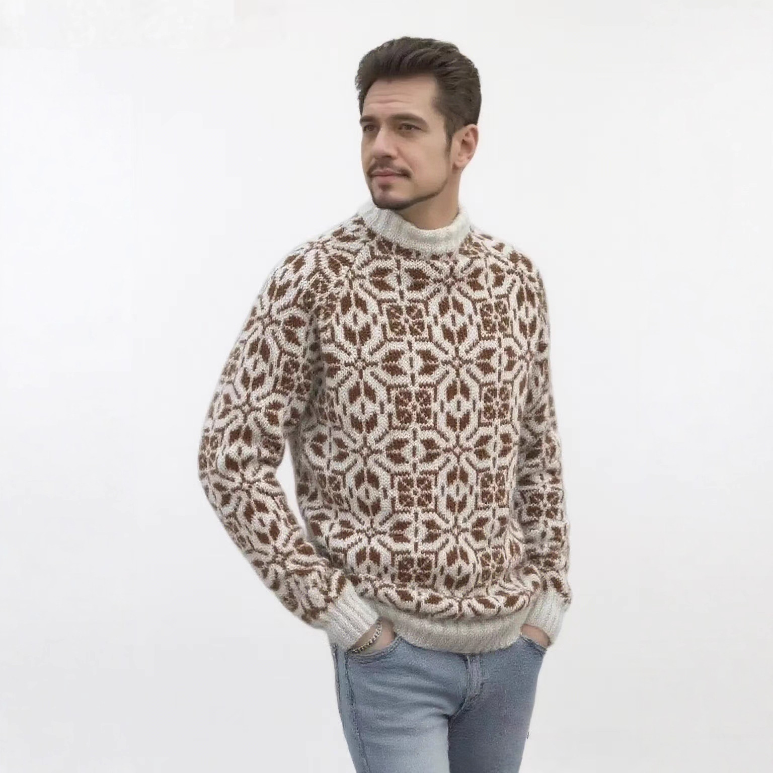 Retro Floral Jacquard Crewneck Pullover Sweater