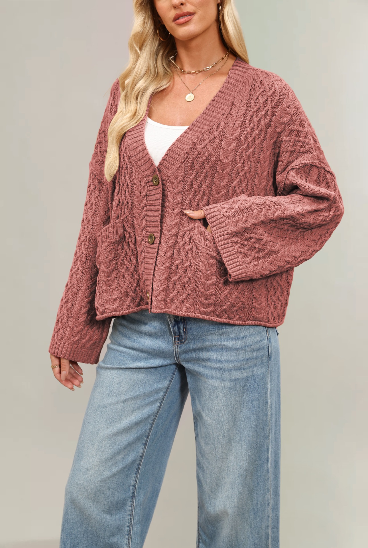 Cable-Knit Loose Solid Cardigan
