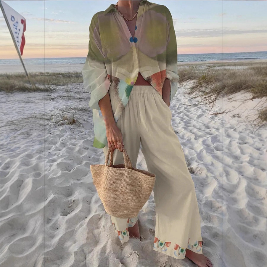 Women's Long Sleeve Collared Printed Shirt Set Casual Vacation Loungewear