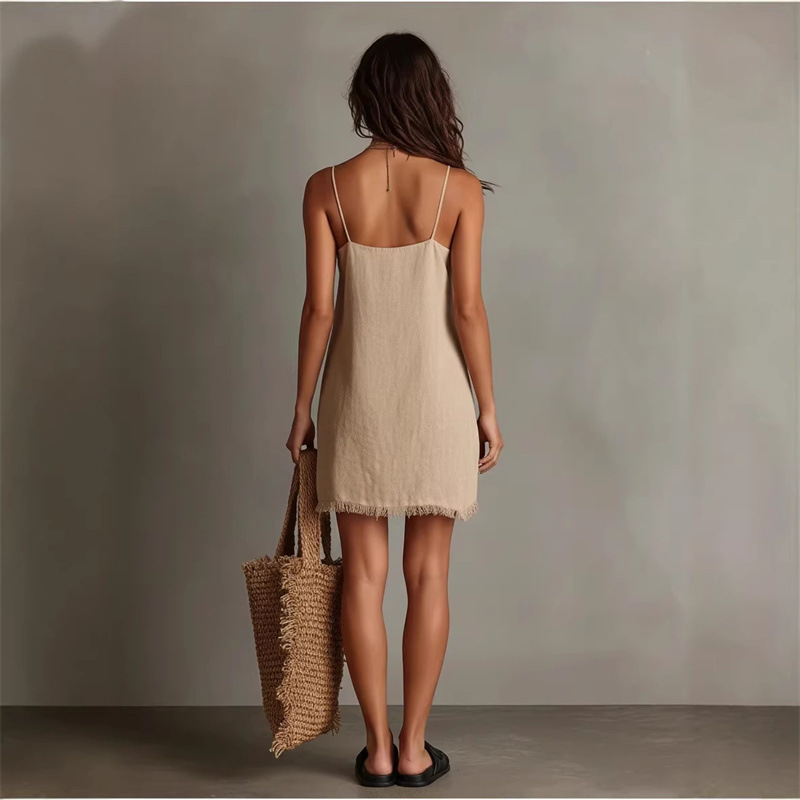 V-Neck Cami Mini Dress with Frayed Trim Solid Color