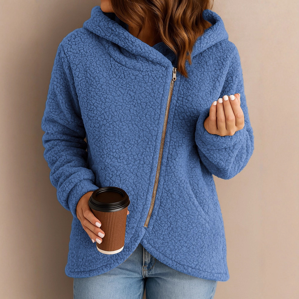 Women's Casual Loose Faux Shearling Zip Hoodie Jacket