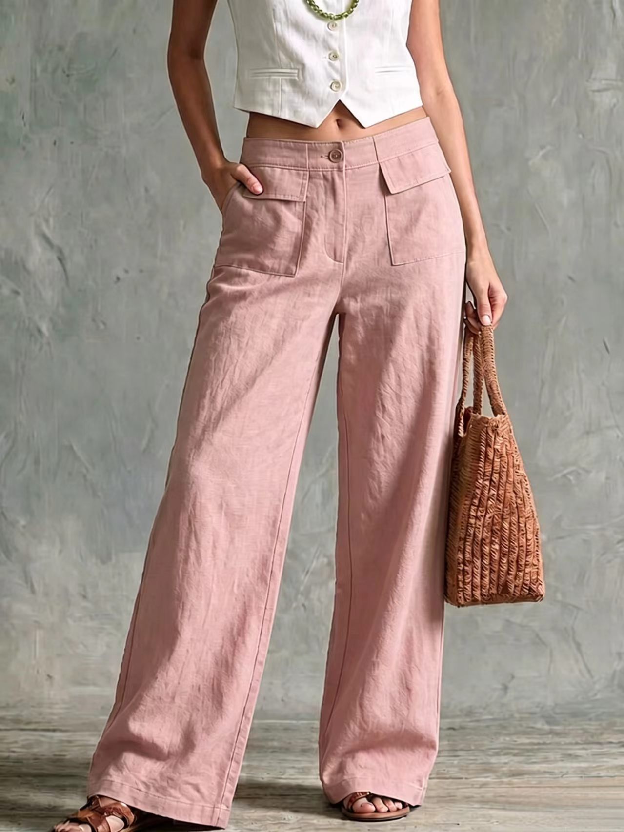 Women's Solid Color Wide-Leg Elastic Waist Casual Pants