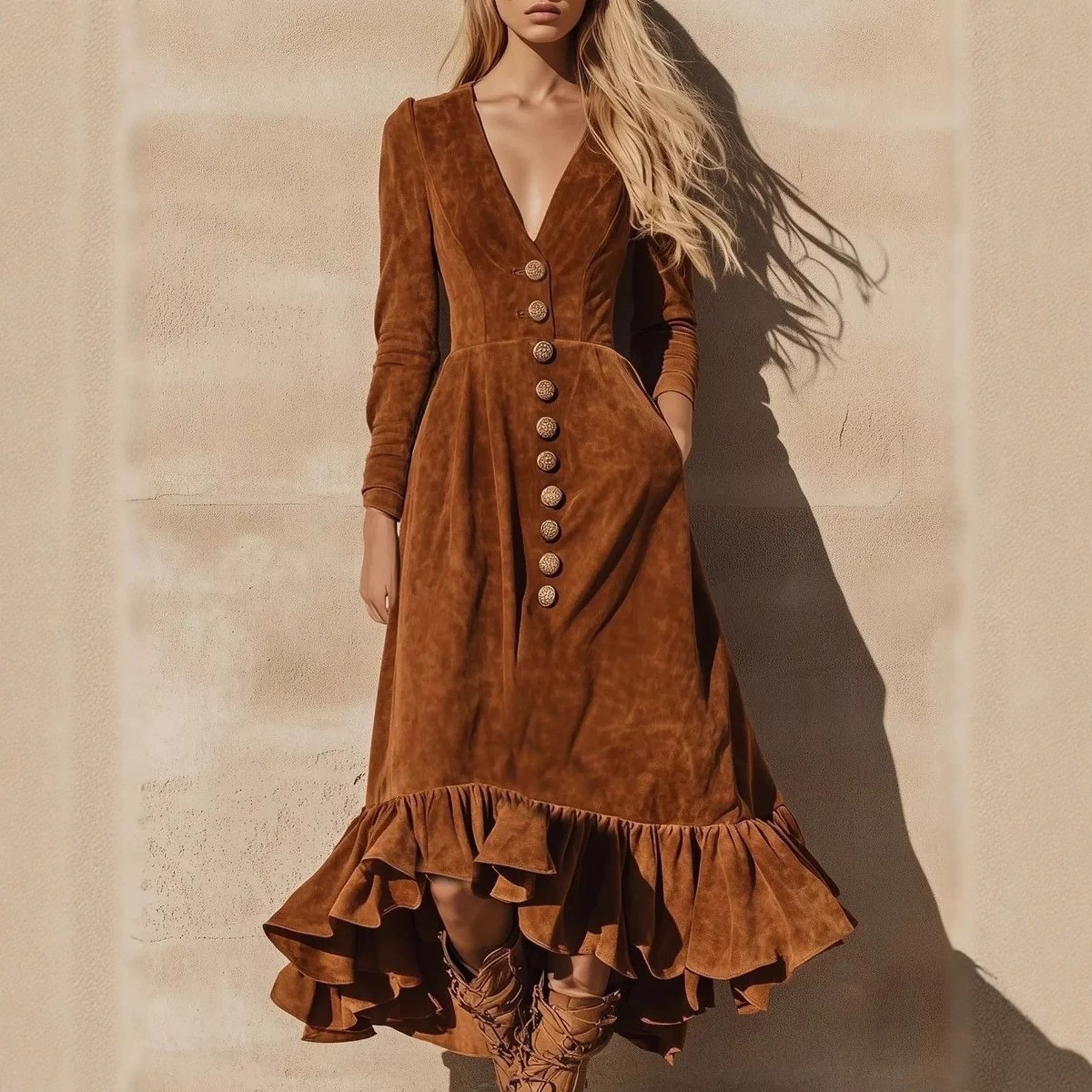 Western Vintage Velvet V-Neck Buttoned Waist Ruffle Maxi Dress