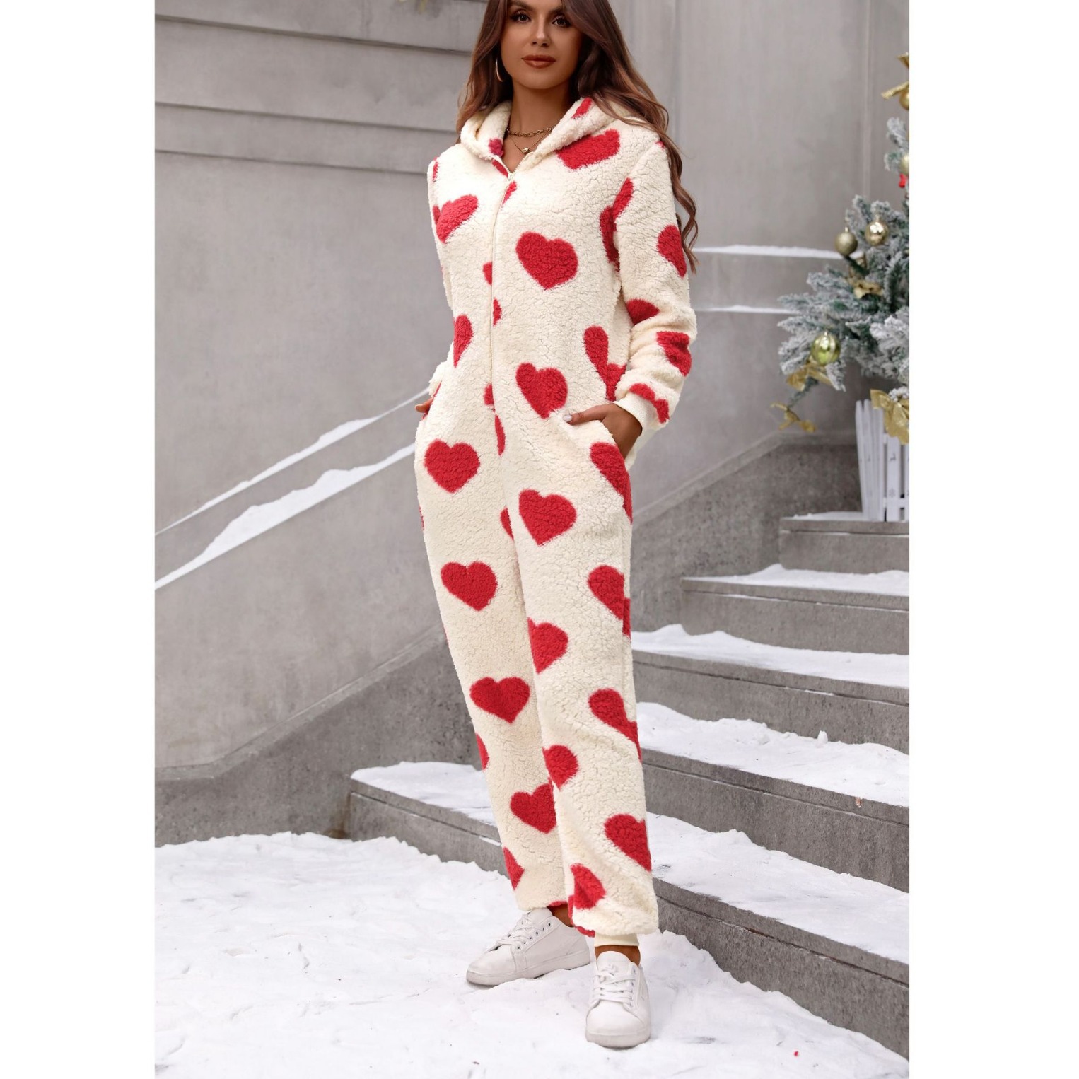 Fleece Heart Print Hooded Jumpsuit