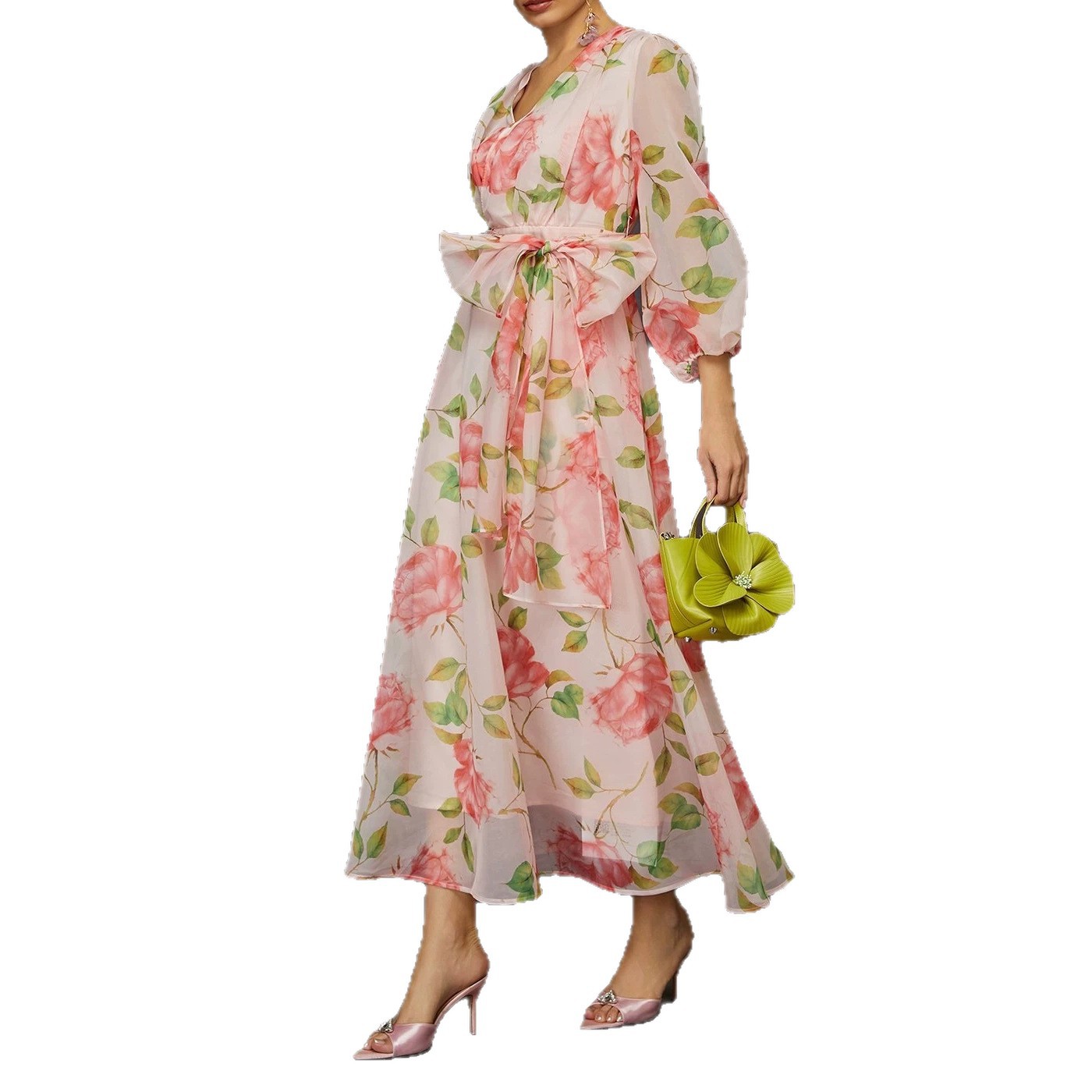 French-Style 3D Floral Waist-Cinched Ruffle Mesh Dress