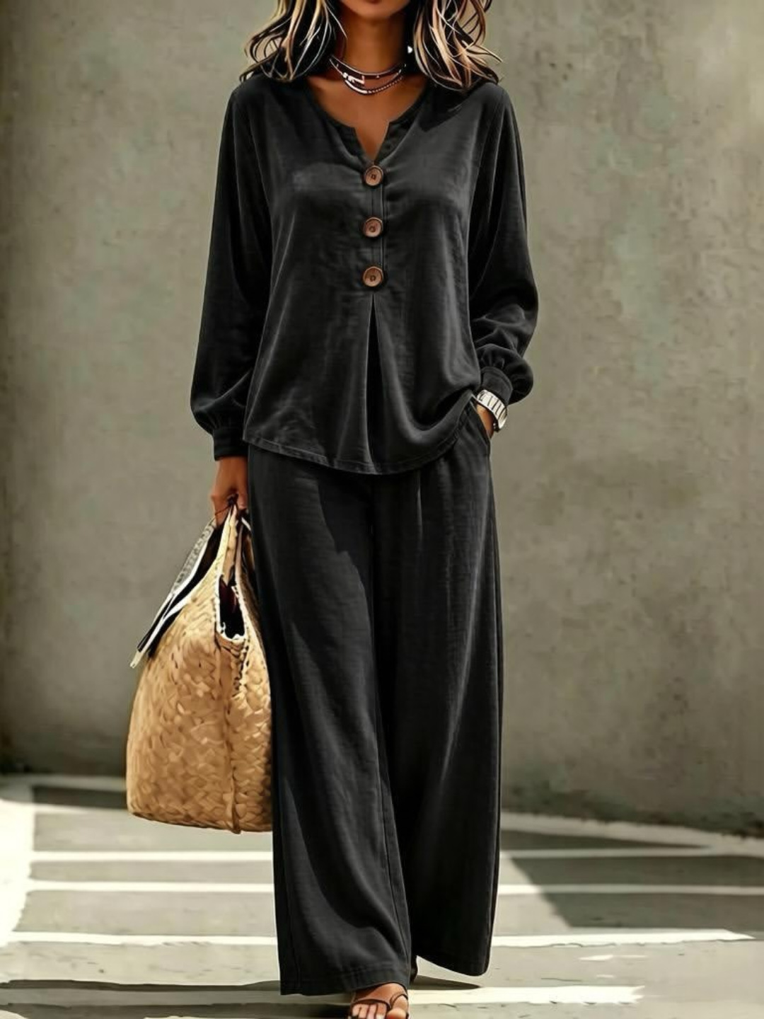 Women's Velvet Button V-Neck Long Sleeve Top and Pants Two-Piece Set