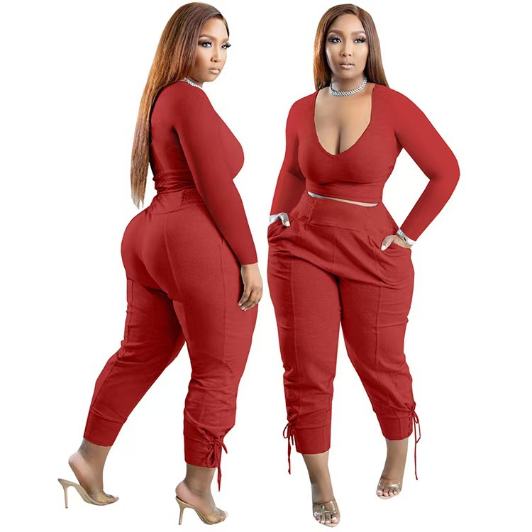Women's V-Neck Tie-Strap Long Pants Casual Set