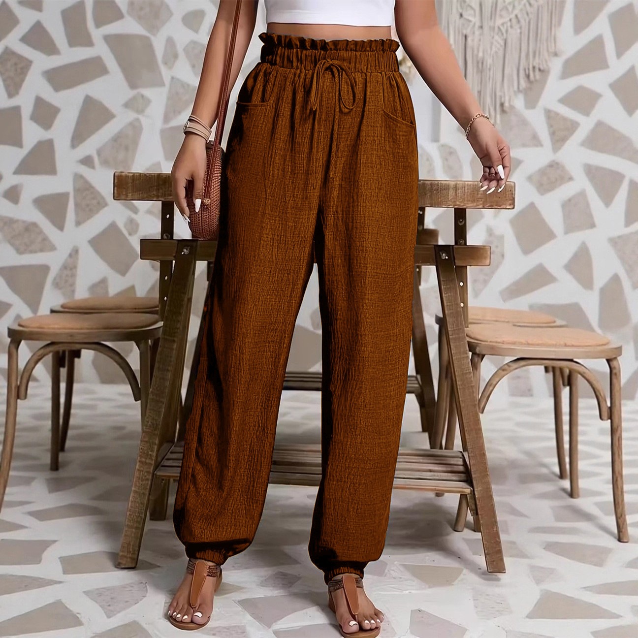 Solid Textured Lantern Pants with Ruffle Elastic Drawstring Waist and Dual Pockets