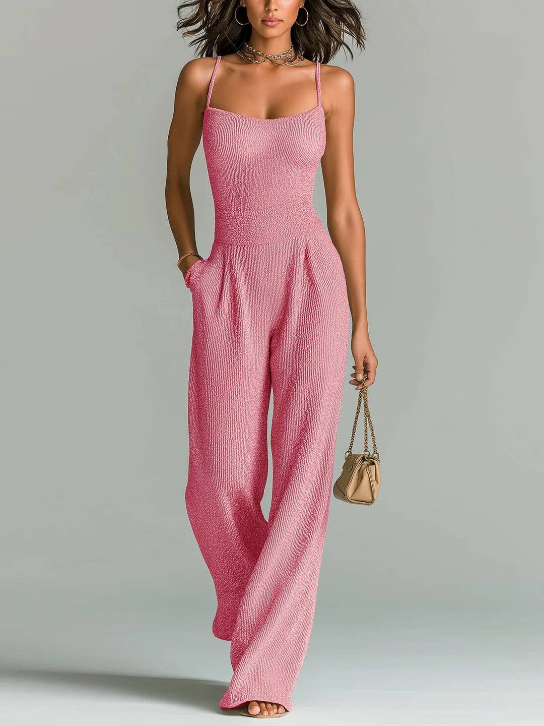 Women's Ribbed Knit Sleeveless Wide-Leg Jumpsuit Solid Color