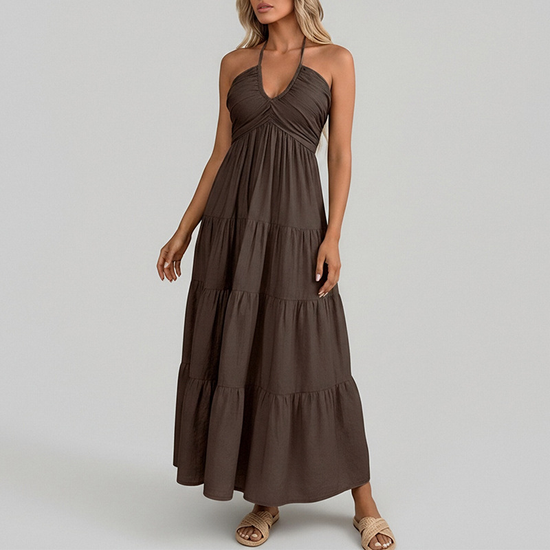 French-Style Elegant Solid Halter Neck Long Dress
