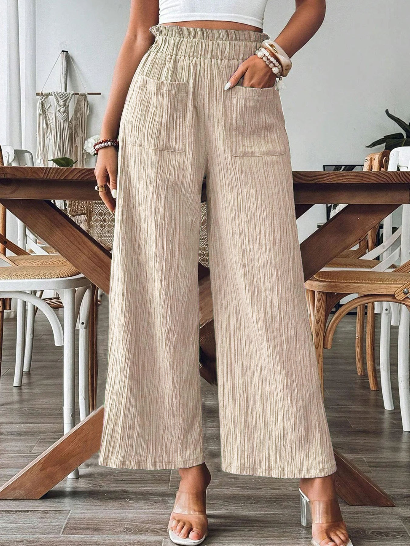 Women's Cropped Wide-Leg Pants with High Waist, Two Pockets, Textured Fabric, Slimming, Versatile, Commuter