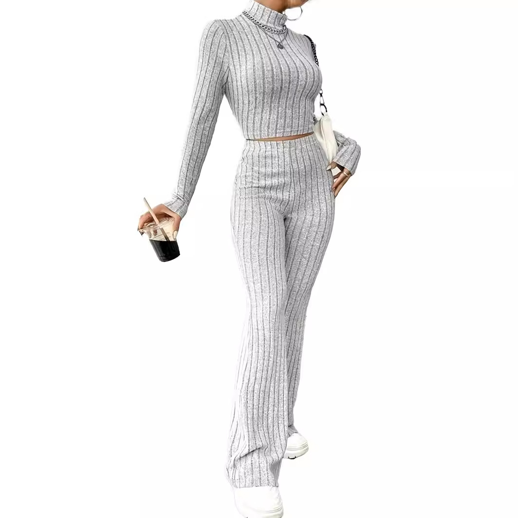 Women's Knit Long Sleeve High Waist Two-Piece Pants Set