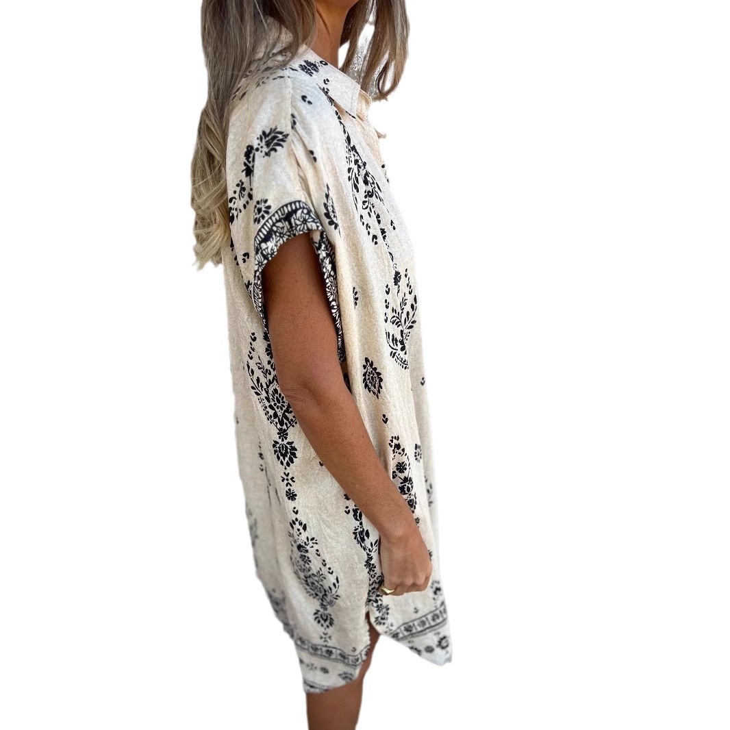 Women's Summer Loose Short Sleeve Cotton Linen Button Print Dress with Pockets