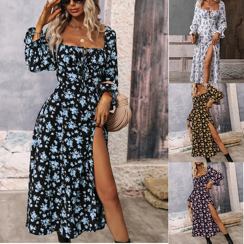 Bohemian Floral Print Long Sleeve Open Back Maxi Dress