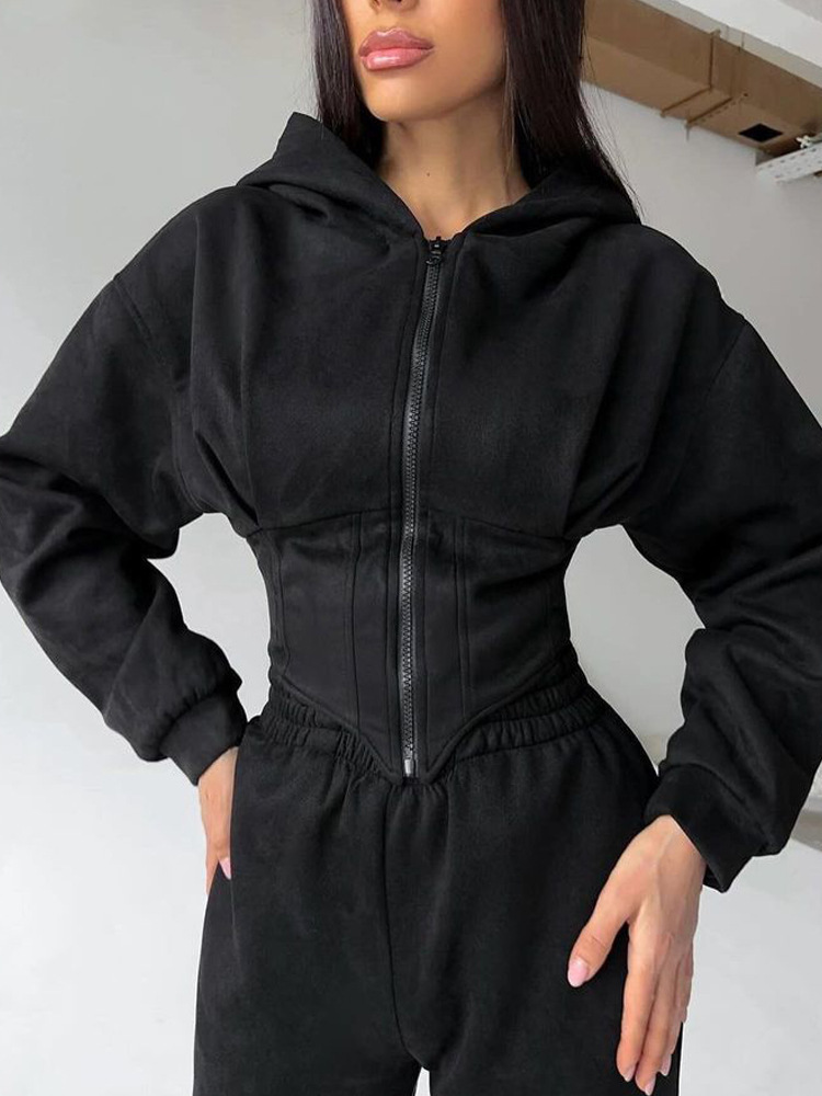 Women's Solid Color Cinched Waist Hoodie and Pants Set Casual Two-Piece