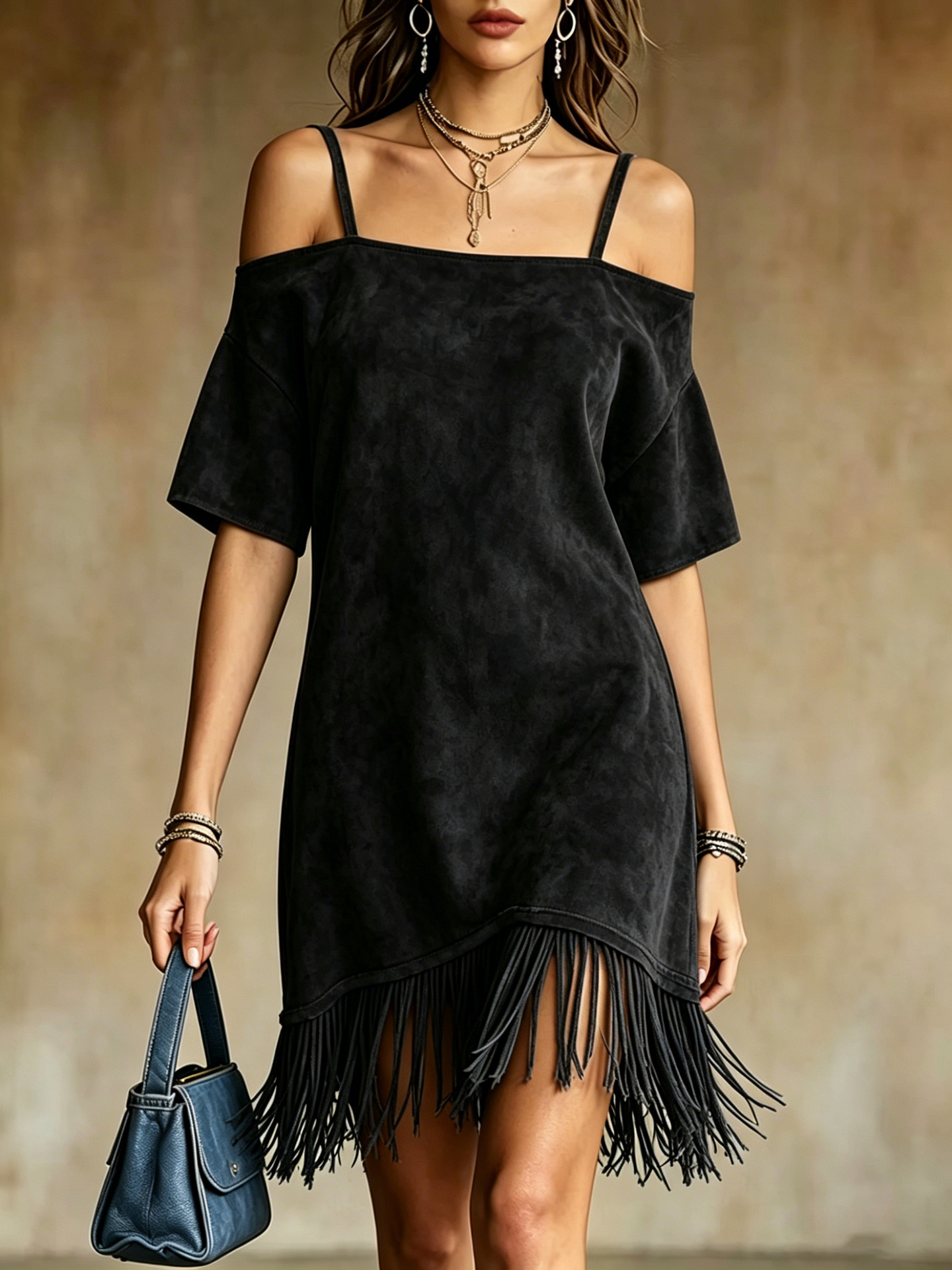 Suede Off-Shoulder Cami Dress with Fringe Hem Western Midi
