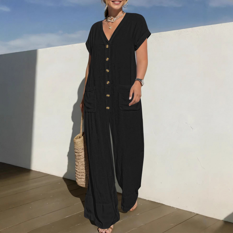 Women's Batwing Sleeve Wide Leg Jumpsuit V-Neck Button Casual Loose Fit