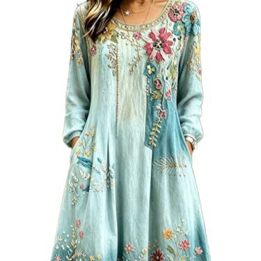 Women's Bohemian Floral Print Pleated Long Sleeve Midi Dress