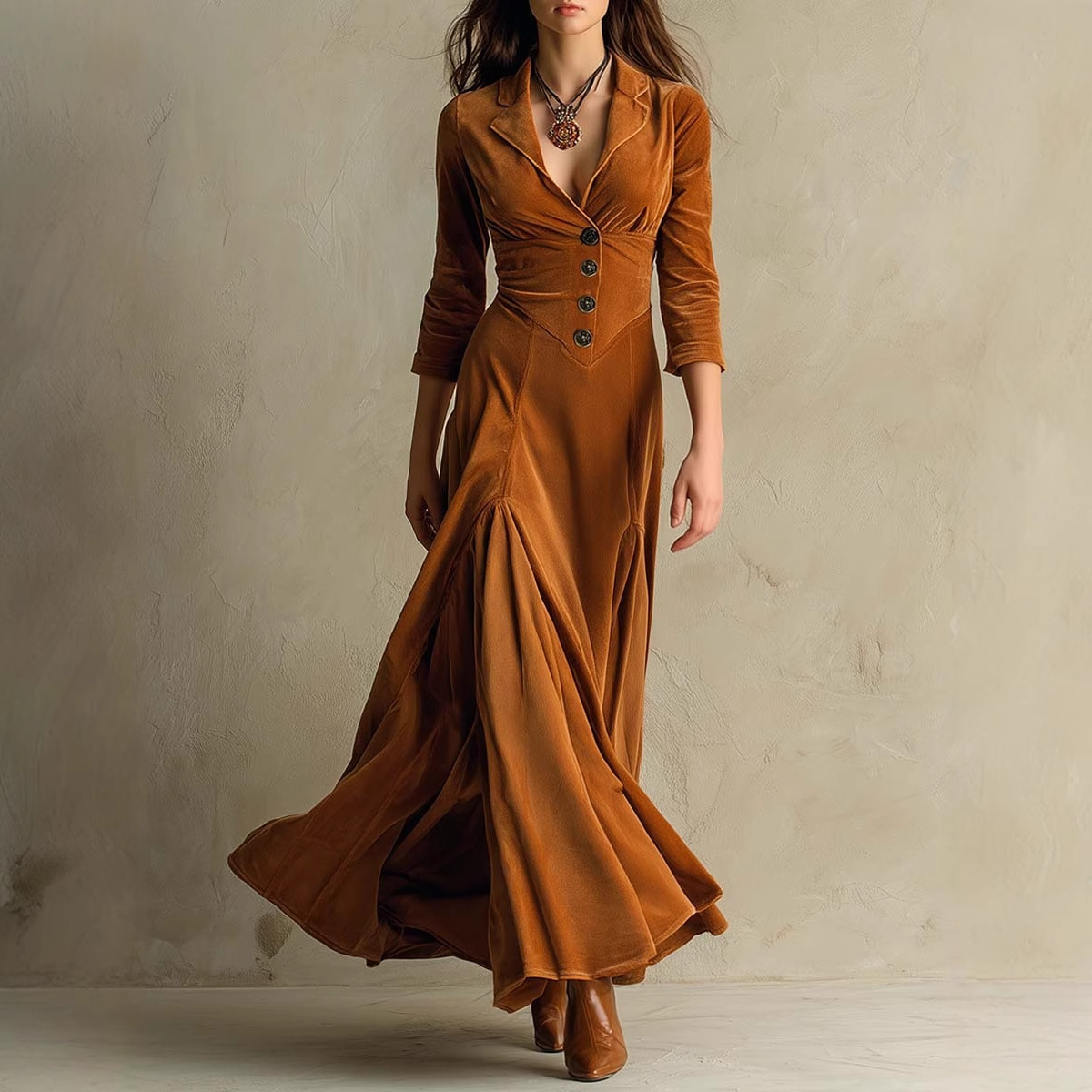 Solid Button Lapel Three-Quarter Sleeve Long Dress with Cinched Waist