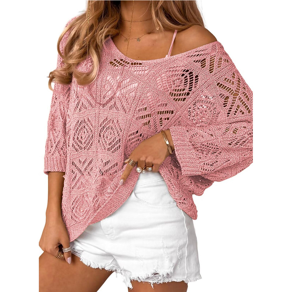 V-Neck Hollow-Out Loose 3/4 Sleeve Sweater Beach Cover-Up