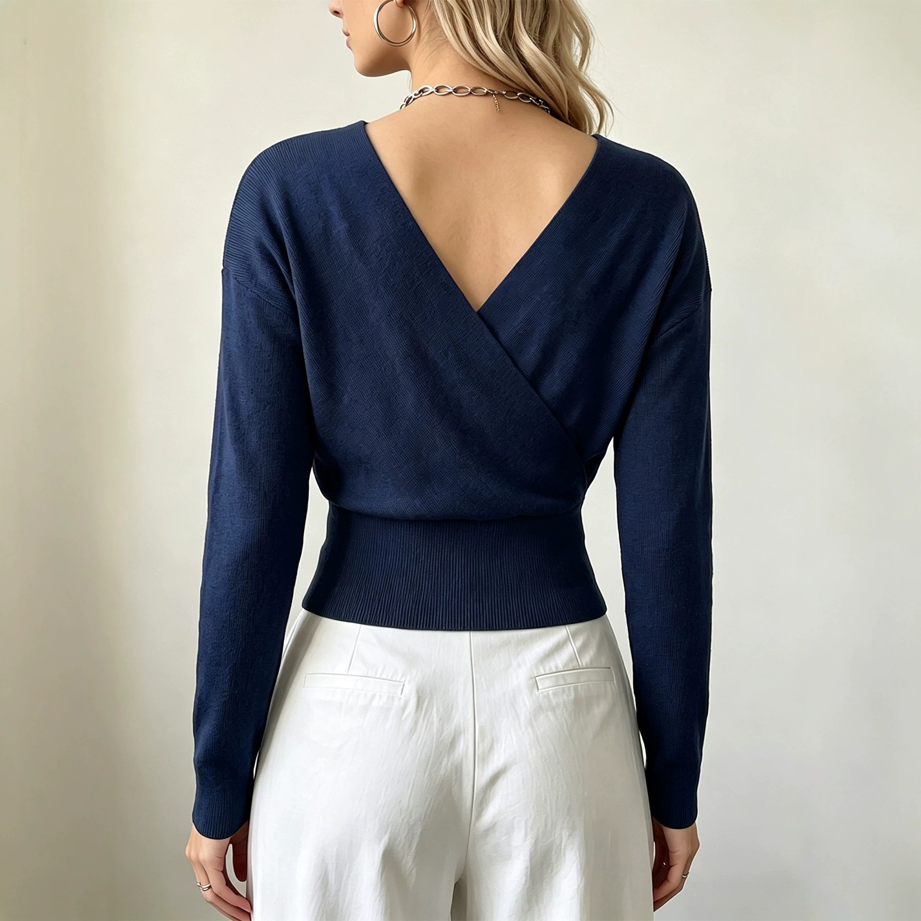 Women's Cross-Front V-Neck Ribbed Knit Top Waist-Fitted Long Sleeve