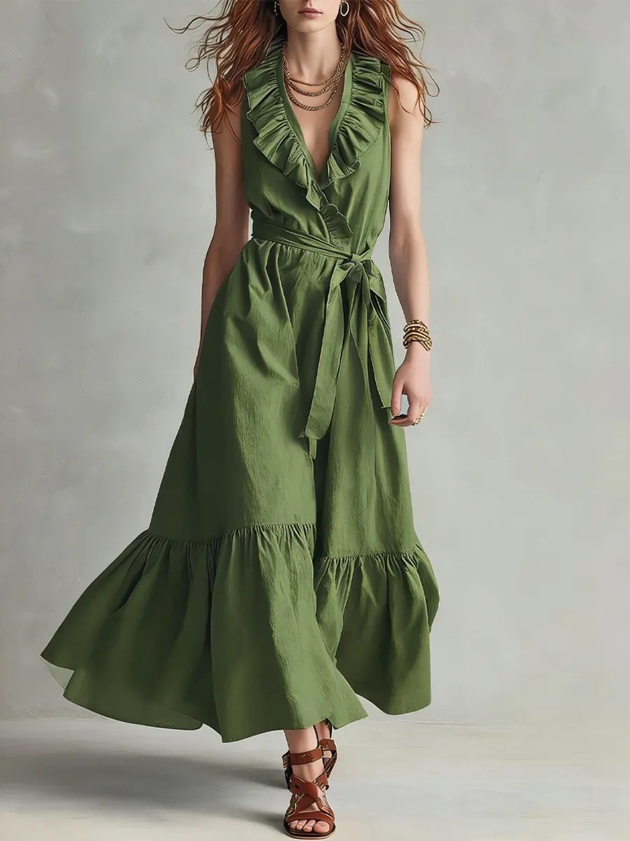 Solid V-Neck Sleeveless Lace-Up Ruffle Long Dress