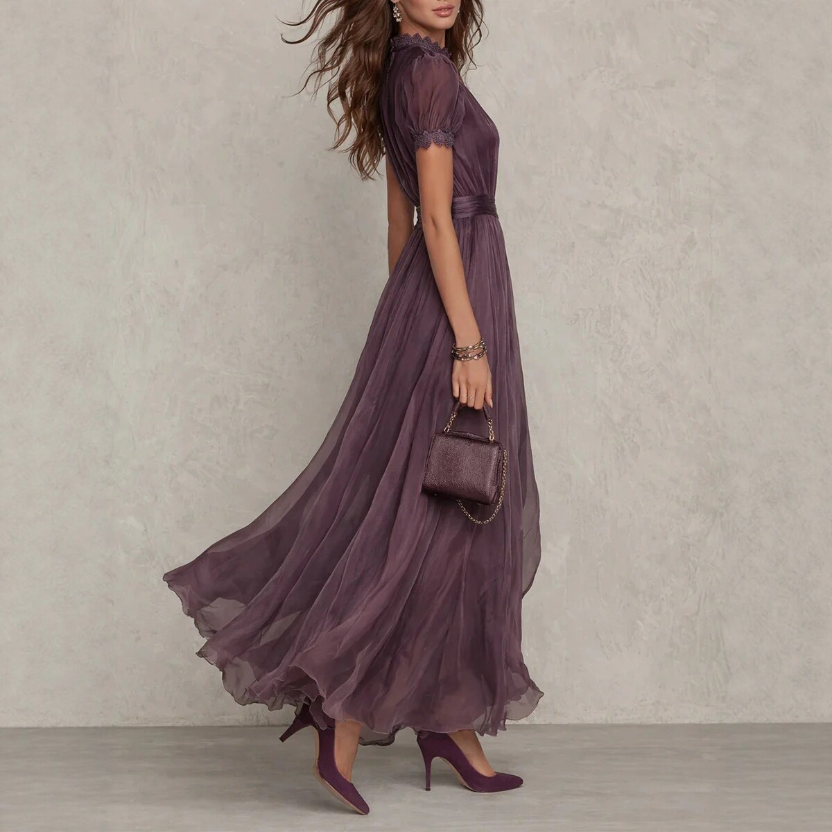 V-Neck Waist-Cinching Ruffle Floral Print Midi Dress