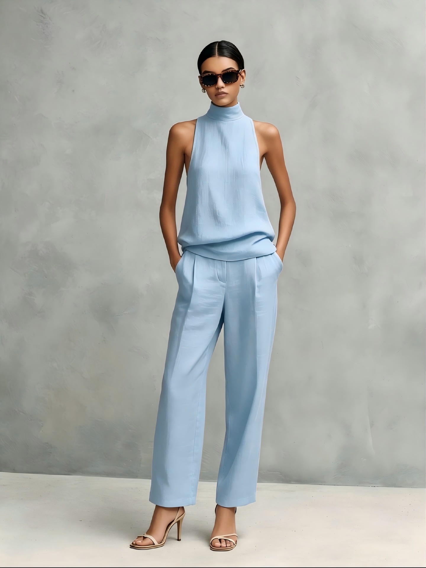 Women's Sleeveless High Neck Top & Wide Leg Pants Set